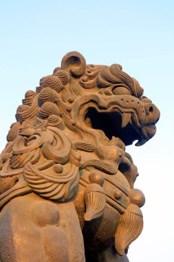 Erkek aslan heykeli, fotoğrafa yakın çekim.