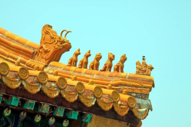 Sarı kaplamalı taş canavar heykeli tapınaklarda, fotoğraflara yakın.