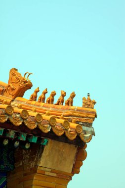 Sarı kaplamalı taş canavar heykeli tapınaklarda, fotoğraflara yakın.