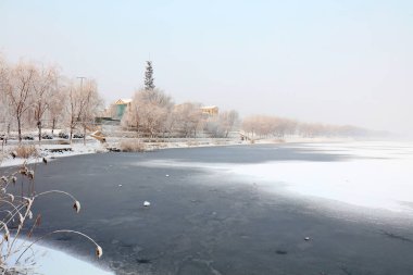Kuzey Çin 'in kış manzarası, fotoğrafa yakın çekim.