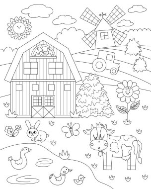 Vector black and white farm landscape illustration. Rural outline village scene with animals, barn, tractor. Nature background with pond, meadow, cow. Country field card or coloring pag