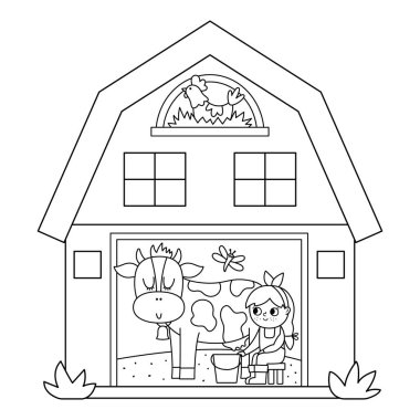 Vector black and white barn icon with girl milking cow inside. Outline farm shed coloring page. Woodshed with windows and hen in the nest. Rural or garden outhouse illustratio