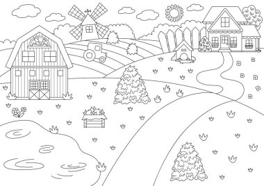 Vector black and white farm landscape illustration. Rural outline village scene with barn, country house, tractor. Nature background with pond, meadow, garden. Country field picture or coloring pag