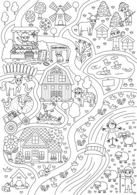 Farm black and white village map. Country life outline background. Vector rural area scene with animals, children, barn, tractor. Countryside plan or coloring page with field, pasture, cottage, garde