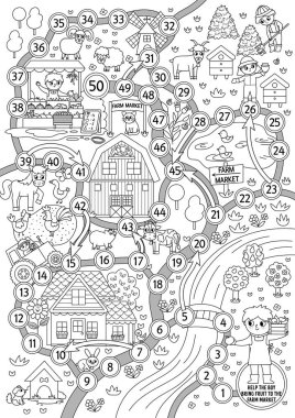 Farm black and white dice board game for children with village map. Outline countryside landscape boardgame.  Rural country coloring page for kids. Help the farmer bring fruit to the farm marke