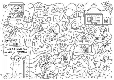 Black and white farm maze for kids with rural village landscape, animals, barn, cottage. Country side line preschool printable activity. Labyrinth coloring page. Help the farmer find the way to farmhous