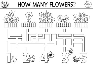 Black and white farm or garden maze for kids with flowerbeds, bees, fence. Countryside line preschool printable counting activity. Labyrinth coloring game or math puzzle with cute flower