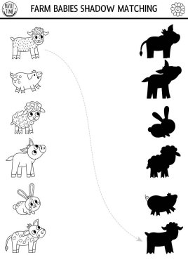 Black and white farm shadow matching activity with baby animals. Country village line puzzle with cute calf, piglet, lamb. Find correct silhouette printable coloring game. On the farm page for kid