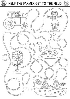 Black and white farm maze for kids with cute tractor, scarecrow, sunflower. Country side line preschool printable activity. Labyrinth coloring game or puzzle. Help the farmer get to the fiel