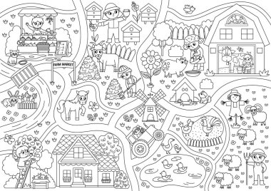 Farm black and white village map. Country life outline background. Vector rural area scene with animals, farmers, barn, tractor. Countryside plan or coloring page with field, pasture, cottage, garde