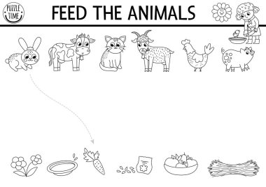 Black and white farm matching activity with animals, food. Country puzzle with rabbit, cow, hen, goat, pig. Match the objects game. Feed the animals printable coloring page. On the farm match u