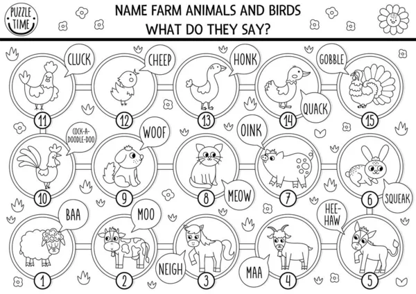 農場の動物 鳥やその音を持つ子供のための黒と白のボードゲーム カントリーサイドのボードゲーム 農村部の国の活動や着色ページ 動物の名前を付けろ — ストックベクタ