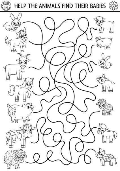 黑人和白人的农场迷宫给有动物和婴儿的孩子 乡村侧线幼儿园可打印活动与可爱的山羊 母亲节迷宫彩绘游戏与家人之爱 — 图库矢量图片