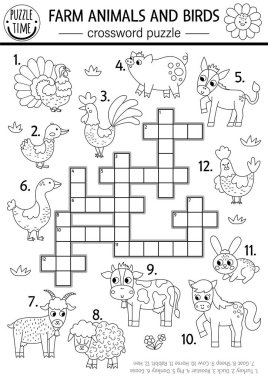Vector farm animals and birds black and white crossword puzzle for kids. Simple on the farm line quiz. Country educational activity with cow, hen, pig. Rural village cross word coloring pag