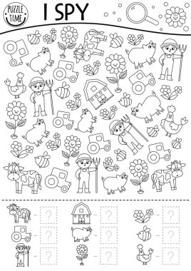 On the farm black and white I spy game for kids. Searching and counting line activity with farmer, tractor, barn, cow. Rural village printable coloring page. Simple country farm puzzl
