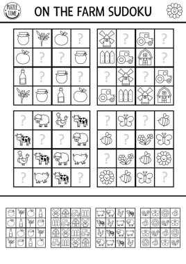 Vector farm sudoku black and white puzzle for kids with pictures. Simple on the farm quiz with missing elements. Education activity or coloring page with farmer, barn, tractor. Draw missing object