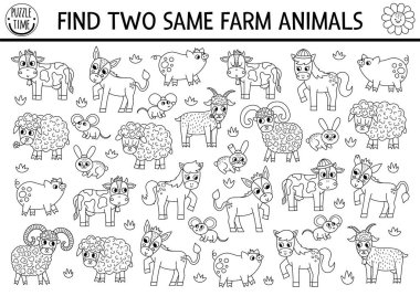 Find two same farm animals. On the farm black and white matching activity for children. Educational coloring page for kids for attention skills. Simple printable game with cute pig, cow, goat, hors