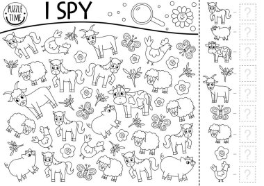 Farm animals black and white I spy game for kids. Searching and counting line activity with goat, horse, sheep, hen, pig, cow. Rural village printable coloring page. Simple on the farm puzzl
