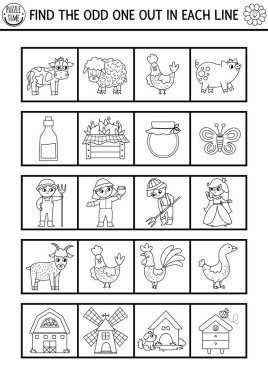 Find the odd one out. On the farm black and white logical activity for children. Farm coloring page for kids for attention skills. Simple line printable game with cute animals, birds, farmer