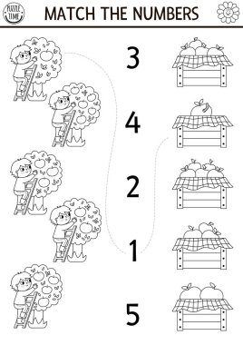 Match the numbers black and white farm game with farmer, apples. Rural country or garden math activity or coloring page. On the farm educational counting worksheet with fruit tre