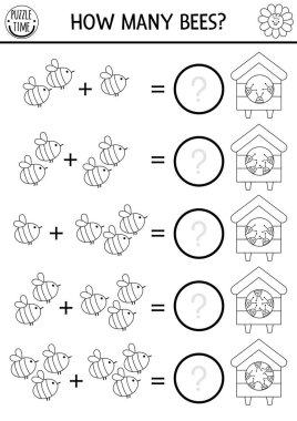 How many bees game with cute insects. On the farm black and white math addition activity. Simple line farm printable counting worksheet or coloring page for kids with beehiv