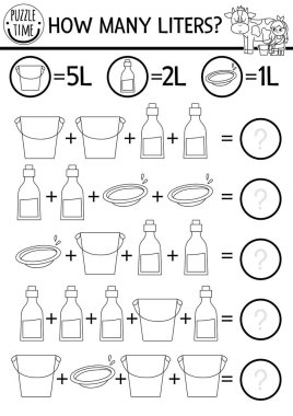 Farm how many liters black and white game with funny cow, milk dairymaid. On the farm line math addition activity or coloring page. Printable simple country counting worksheet for kid