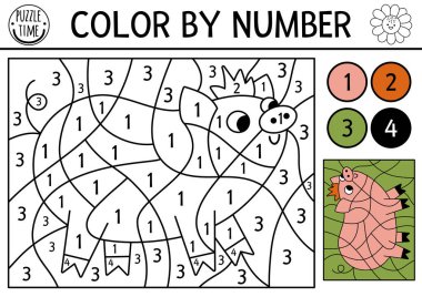 Vector on the farm color by number activity with pig. Rural country scene black and white counting game with farm animal. Funny simple coloring page for kids with countryside scen