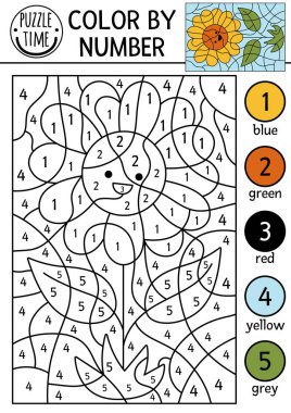 Vector on the farm color by number activity with sundlower. Rural country scene black and white counting game with cute yellow sun flower. Coloring page for kids with countryside scen