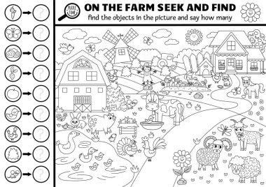 Vector black and white farm searching game with rural countryside landscape. Spot hidden objects, say how many. Simple on the farm seek and find and counting activity or coloring pag