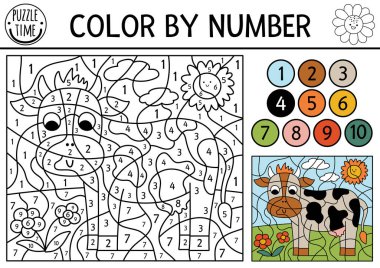 Vector on the farm color by number activity with cow in the meadow. Rural country scene black and white counting game with farm animal. Coloring page for kids with countryside scen