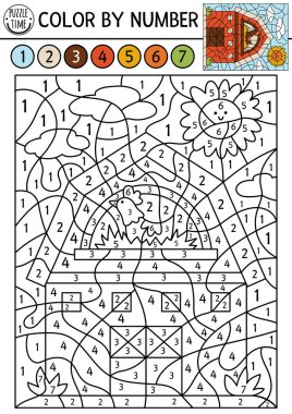 Vector on the farm color by number activity with red barn. Rural country scene black and white counting game with farm house. Coloring page for kids with countryside scene with she