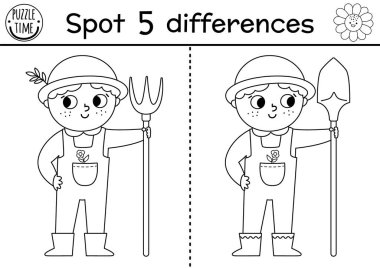 On the farm black and white find differences game for children. Educational line activity with cute farmer boy. Rural country puzzle with funny worker. Attention skills coloring pag