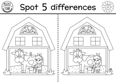 On the farm black and white find differences game for children. Educational line activity with cute barn house with girl milking cow. Rural country puzzle with funny shed. Attention skills coloring pag
