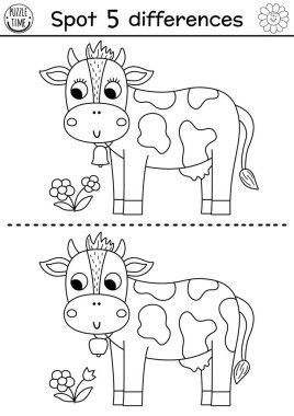 On the farm black and white find differences game for children. Educational line activity with cute cow and flower. Rural country puzzle with funny farm animal. Attention skills coloring pag