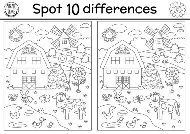 On the farm black and white find differences game for kids. Educational line activity with cute rural village landscape. Countryside scene puzzle with field, barn, animals. Attention skills coloring pag