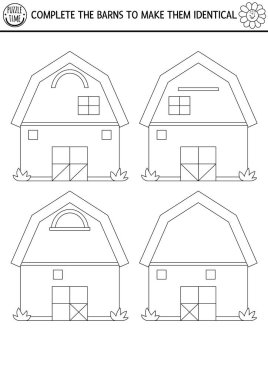 Black and white find differences, logical and drawing game for kids. On the farm educational activity with barn house. Complete picture printable worksheet. Rural country puzzle or coloring pag