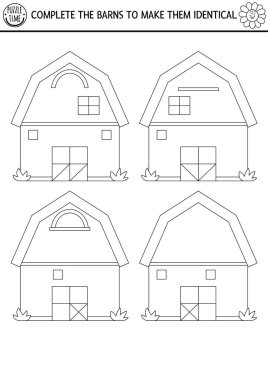 Black and white find differences, logical and drawing game for kids. On the farm educational activity with barn house. Complete picture printable worksheet. Rural country puzzle or coloring pag clipart
