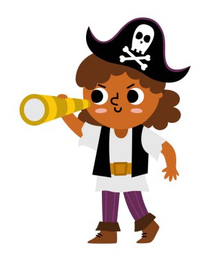Vector pirate girl icon. Cute female sea captain illustration. Treasure island hunter with black cocked hat and spyglass. Funny pirate party element for kids isolated on white background
