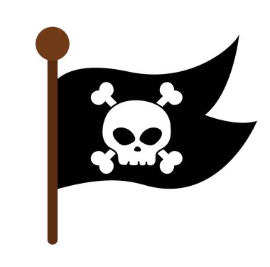 Pirate flag icon. Raider ship pennant with crossed bones and skull illustration.  Black marine robber banner. Treasure hunt element isolated on white backgroun