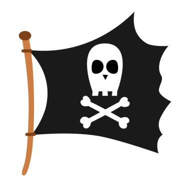 Pirate flag icon. Raider ship pennant with crossed bones and skull illustration.  Black marine robber banner. Treasure hunt element isolated on white backgroun