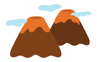 Vector flat volcano mountains with clouds illustration. Rocks icon isolated on white background. Nature scenery pictur