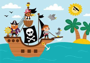 Vector pirate ship scene. Raider vessel with pirates sailing to the treasure island with palm trees. Treasure hunt illustration with sea, sun, sky, shore. Sea landscape for picture book