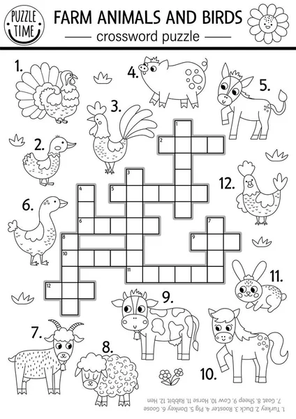Vector farm animals and birds black and white crossword puzzle for kids. Simple on the farm line quiz. Country educational activity with cow, hen, pig. Rural village cross word coloring pag