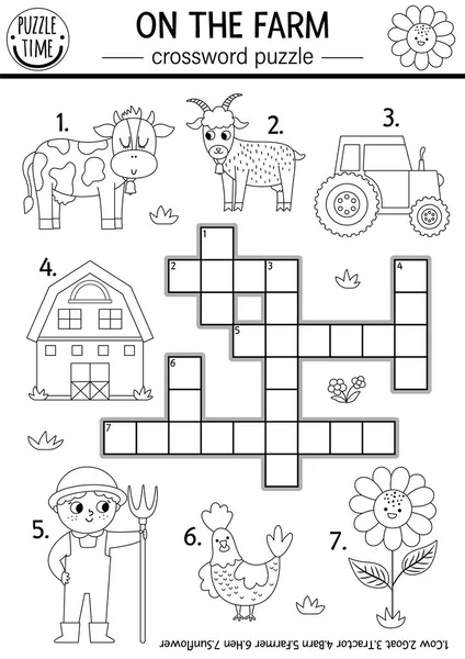 stock vector Vector on the farm black and white crossword puzzle for kids. Simple farm line quiz for children. Country educational activity with cow, farmer, tractor, barn. Rural village cross word coloring pag