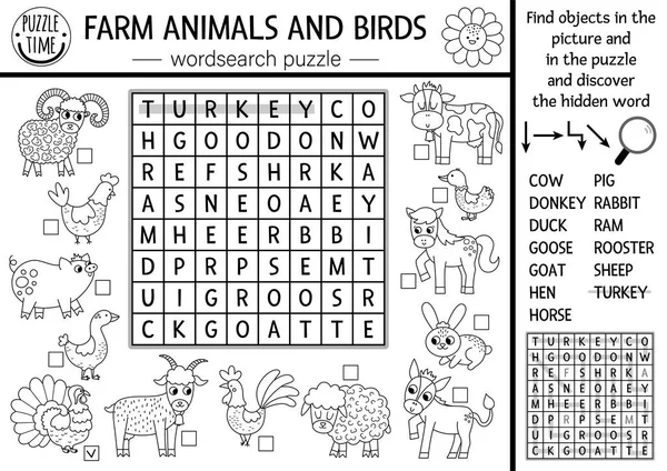 Vector farm animals and birds black and white wordsearch puzzle for kids. Simple on the farm word search line quiz. Country educational activity with cow, hen, pig. Rural crossword coloring pag