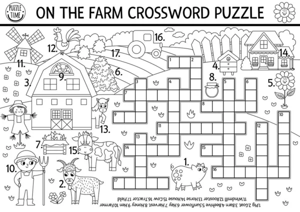 Vector Farm Black White Crossword Puzzle Kids Simple Farm Line — Archivo Imágenes Vectoriales