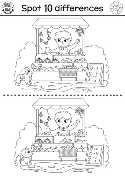 Farm Black White Find Differences Game Children Educational Line Activity — Stock Vector
