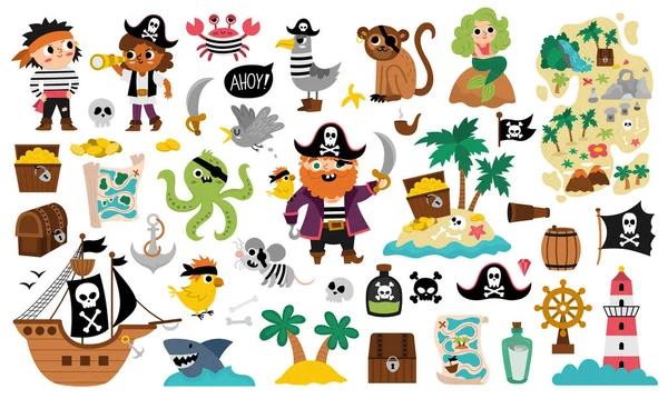 Vector Pirate Set Cute Sea Adventures Icons Collection Treasure Island — 스톡 벡터