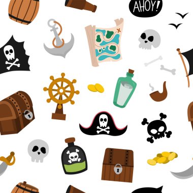 Vector pirate seamless pattern. Cute sea adventures symbols repeat background. Treasure island digital paper with treasure chest, map, bottle, anchor, pirate hat, crossbones. Funny pirate party textur