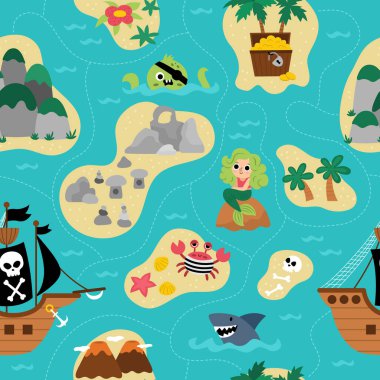 Vector treasure island seamless pattern with pirate ship, mermaid, octopus. Cute repeat background with tropical sea isles, sand, palm trees, volcano, rocks. Treasure island digital pape